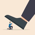 Huge leg of a man steps on a small frightened weak businessman. Angry arrogant boss. Vector illustration