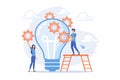 Huge lightbulb and business team holding gears. Teamwork and collaboration, goal achievement, colleagues and workforce concept on Royalty Free Stock Photo