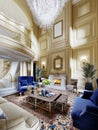 Huge luxurious living room interior in a classic style in yellow with a high ceiling and upholstered furniture with blue armchairs Royalty Free Stock Photo