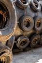 A huge Marine Pneumatic heavy rubber fender surrounded by tires fixed with chains