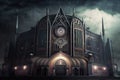 A huge medieval victorian steampunk concert hall in a steampunk world