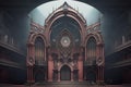 A huge medieval victorian steampunk concert hall in a steampunk world