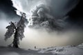 Huge and menacing storm cloud in a snowy landscape. Amazing nature of the world. Generative Ai Royalty Free Stock Photo