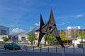 A huge metallic sculpture by Calder stands on the railway station square