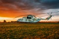 Huge military helicopter on sunset Royalty Free Stock Photo