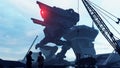 A huge military robot on a futuristic military training ground. An apocalyptic view of the technology of the future. 3D