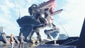 A huge military robot on a futuristic military training ground. An apocalyptic view of the technology of the future. 3D