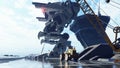 A huge military robot on a futuristic military training ground. An apocalyptic view of the technology of the future. 3D