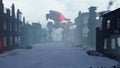 Huge military robots are shelling the destroyed post-apocalyptic city. View of the Apocalypse. 3D Rendering