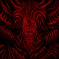 Huge monster with horns. Red background color