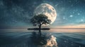 Huge moon and a tree on the water. Under the starry sky quiet moonlight Royalty Free Stock Photo