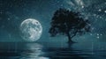 Huge moon and a tree on the water. Under the starry sky quiet moonlight Royalty Free Stock Photo