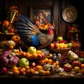 A huge mountain of fruit vegetables, apples, pumpkins, with a vibrant, colorful turkey in the middle. Turkey as the main dish of