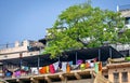 Huge number of colorful, multi-color cloths drying on the colorful ghats of Varanasi Royalty Free Stock Photo