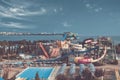 Huge outdoor water Park with lots of slides and entertainment. Royalty Free Stock Photo