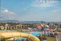 Huge outdoor water Park with lots of slides and entertainment. Royalty Free Stock Photo