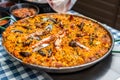 Huge Paella pan plate with seafood and rice traditional Spanish food