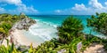 Huge Panorama of Tulum caribbean paradise and Mayan Ruins. Traveling Mexico. Royalty Free Stock Photo