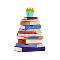 Huge paper books stack with home plant above. Big pile of fictions, thick novels. Cute houseplant standing on heap of Royalty Free Stock Photo