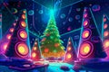Huge party sound speakers and christmas decorated tree. hot new year party.
