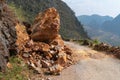 Huge piece of rock crashed and fallen on mountain road in Ha Giang, Vietnam