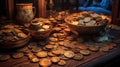 A Huge Pile of Coins in Euro in Bowl and Lying on the Table Focused Foreground Royalty Free Stock Photo