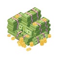 Huge pile of dollar cash money and golden coins vector illustration