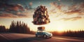 huge pile luggage roof vintage 60 70s vintage retro french car Vacation travel nomadic life road fun Royalty Free Stock Photo