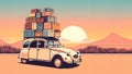 huge pile luggage roof vintage 60 70s vintage retro french car Vacation travel nomadic life road fun Royalty Free Stock Photo