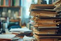 Huge Piles Of Stacked Files On A Desk, Symbolizing Heavy Workload Ai