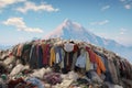 Huge piles of unnecessary clothes in the landfill. The problem of overproduction