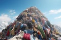 Huge piles of unnecessary clothes in the landfill. The problem of overproduction