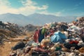 Huge piles of unnecessary clothes in the landfill. The problem of overproduction