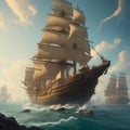 Huge pirate ship sails on sea. Generative Ai