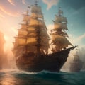 Huge pirate ship sails on sea. Generative Ai