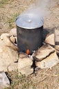 Huge pot covered with aluminum lid Royalty Free Stock Photo