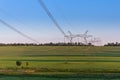 Huge power line towers on field at summer evening Royalty Free Stock Photo