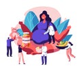 Huge Pregnant Woman with Big Belly Sitting in Lotus Pose Surrounded with Doctors Giving her Vitamines, Baby Toys Healthy Nutrition Royalty Free Stock Photo