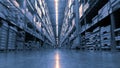 Huge product warehouse with tall shelves and lots of boxes stack over each other and bright led lights from top ceiling.