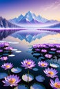 Huge purple snow lotus blooms with an exceptionally beautiful, dazzling, boundless lake, mountain, reflection water