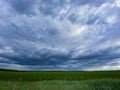 Huge purple storm clouds over a green field. Copy space