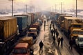 A huge queue of trucks loaded with grain crops in a blocked Ukrainian port. Humanitarian crisis due to the war.