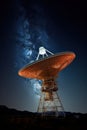 Huge radio telescope aimed directly into sky in middle of deserted desert catching signals