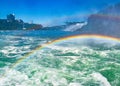 Huge rainbow and view on Bridal Veil Falls, Niagara Falls, part of Goat Island, Ontario, Canada. High quality photo Royalty Free Stock Photo