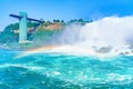 Huge rainbow, view on Bridal Veil Falls and Observation Tower, Niagara River downstream after Niagara Falls, American