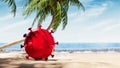 Huge red Coronavirus ball on sunny beach under the palm tree. Summer concept background Royalty Free Stock Photo