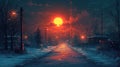 Huge red full moon over a small cozy town, winter night, vibe, pixel art