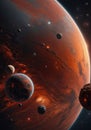 Huge red planet with smaller planets, asteroids and moon orbiting - illustration