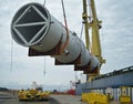 Huge refinery vessel is loaded onto a transporter multi wheeled vehicle at Barry Beach Marine Terminal-5