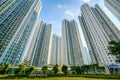 Huge residential building complex, green court betweern high-rise apartment buildings Royalty Free Stock Photo